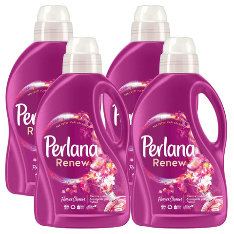 Perlana Wäschepflege 4 x Perlana Renew Flower Charm Flüssigwaschmittel belebt die Farben für Waschmaschine und Handwäsche, 4 Flaschen à 1,44 l 8015500648838