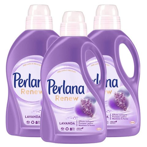 Perlana Wolle und zarte Pflege der Fasern Flüssigwaschmittel Lavendel Waschmaschine und Handwäsche 3 Flaschen à 1,44 l italienisch Original