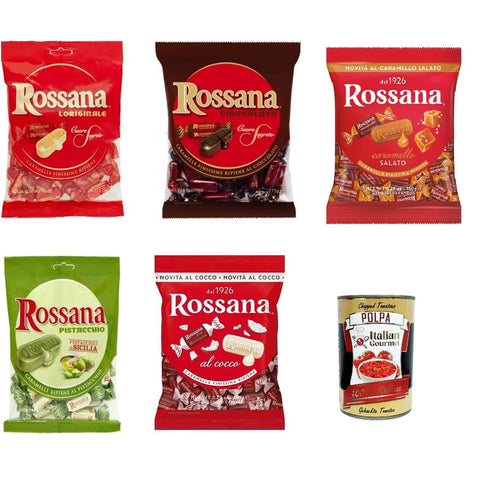 Perugia Snack Kuchen & Backwaren Perugia Rossana TESTPAKET, Caramello salato - Cocco - Cioccolato - Original italienisch - Pistacchio Candies Bonbon Lollies Hartbonbons mit cremiger Füllung 5 Packungen Süßigkeiten italienisch inkl. Italian Gourmet Polpa4 00g 8006150001579