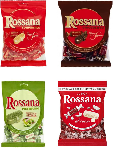 Perugia Süßigkeitenmischungen TESTPAKET Rossana Cocco - Cioccolato - Originali - Pistacchio Candies Bonbon Lollies Hartbonbons mit cremiger Füllung 4 Packungen Süßigkeiten + Italian Gourmet Polpa di Pomodoro 400g Dose 8008696031577