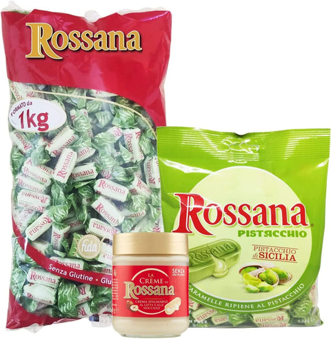 Perugina Rossana Tris Pack 1x Pistazie Bonbons Beutel 1x Bonbons Beutel 1x Streichcremetiegel 1 kg + 135 g italienisch Original