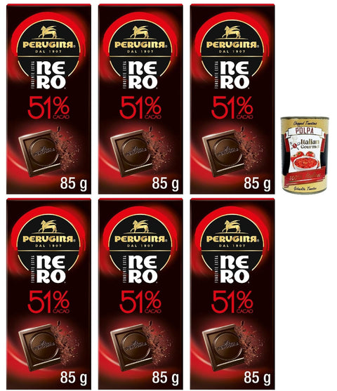 Perugina NERO Fondente Extra 51% Tavoletta di Cioccolato Fondente 51% Dunkle Schokoladen -Riegel 6x85 g italienisch Original Pastasauce + gratis polpa 400 g