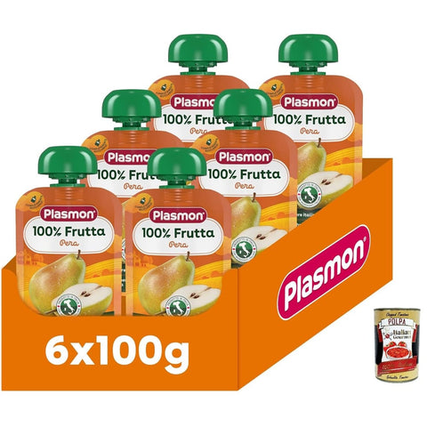 Plasmon Chips Plasmon 100% Frutta Pera 100g 6 Pouch Con aggiunta di Vitamina C, solo gli zuccheri della frutta Original italienisch inkl. Italian Gourmet Polpa 400g 8032804040014