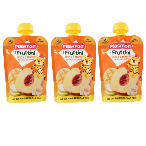 Plasmon Snack 3x Plasmon I Fruttini Pesca e Mango con mela e banana Pfirsich-Mango-Snack mit Apfel und Banane 130gr 8001040421543