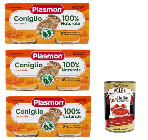 Plasmon Snack Kuchen & Backwaren Plasmon Carne Coniglio e cereale 3x (2x80g) Mit italienischem Fleisch, 100% natürlich, ohne Stärken und Räume hinzugefügt + Italian Gourmet polpa 400g 8001040011584
