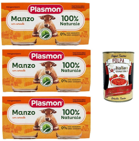 Plasmon Snack Kuchen & Backwaren Plasmon Carne Manzo e cereale 3x (2x80g) Mit italienischem Fleisch, 100% natürlich, ohne Stärken und Räume hinzugefügt + Italian Gourmet polpa 400g 8001040016534