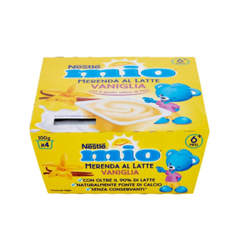 Plasmon Snack MHD 04/2025 NESTLÉ MIO Merenda al Latte Vaniglia Vanillemilch-Snack 6 Monate 4 Gläser à 100 g 7613032383473