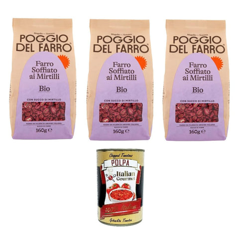 Poggio del Farro Vollkorn Poggio del Farro -Farro Soffiato ai Mirtilli Gepuffter Dinkel mit Blaubeeren 3x160 g italienisch Original Pastasauce + kostenlos polpa 400 g 0