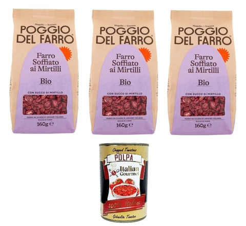 Poggio del Farro -Farro Soffiato ai Mirtilli Gepuffter Dinkel mit Blaubeeren 3x160 g italienisch Original Pastasauce + gratis polpa 400 g