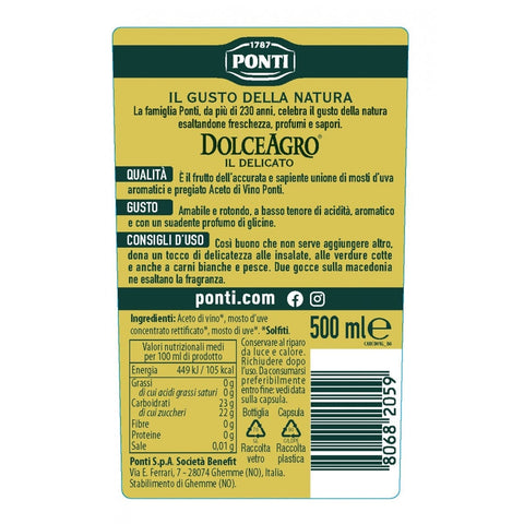 Ponti Essig 3x Ponti, Dolceagro Condimento Delicato, Amabiles und runder Geschmack, geringer Säure verleiht Salaten, Gemüse, Fleisch und Fisch einen Hauch von Delikatesse, 500 ml BESCHÄDIGTES ETIKETT 80682059