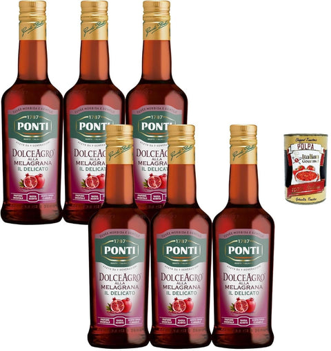 Ponti Essig Ponti Essig, Dolceagro mit Granatapfel, Geschmack mit einem orientalischen Parfüm und einer geringen Säure, ideal für Salate und auch für weißes Fleisch, 6x 500 ml + Italian Gourmet polpa 400g 8001010105909