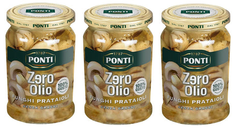 Ponti Zero Olio Funghi Prataioli Feldpilze Kein Öl Fettfreie Pilze Ideal als Aperitif oder Anlasser Glas 300 g 3x italienisch Original