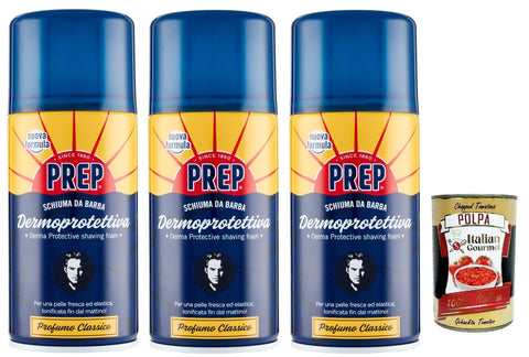 Prep Schäume PREP Hautschützender Rasierschaum Reichhaltige und cremige Formel für die Rasur empfindlicher Haut spendet Feuchtigkeit und erfrischt 3 Flaschen à 300 ml + Italian Gourmet polpa 400g 8017331089934