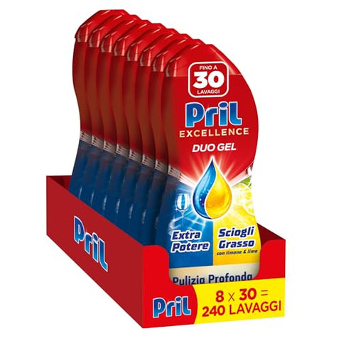 Pril Spülmaschinenreinigung Pril Duo Gel Geschirrspülmittel Gel, Fettlösung, mit Zitrone, 8 Packungen mit je 30 Waschgänge, insgesamt 240 Waschgänge 8015500648418