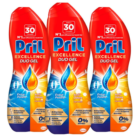 Pril Spülmaschinenreinigung Pril Excellence Duo Reinigungsgel für die Spülmaschine, extra stark, geruchshemmend, Tiefenreinigung gegen verbrannten Schmutz, 0 % Rückstände bei niedrigen Temperaturen und kurzen Zyklen – 3 Flaschen 8015100571598