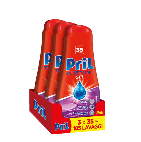 Pril Spülmaschinenreinigung Pril Gel All in One Fettlösung, Geschirrspülmittel, Flüssig, Multi-Aktion, hartnäckiger Schmutz – 3 Packungen zu je 35 Wäschen (105 Waschladungen) 8015100577200