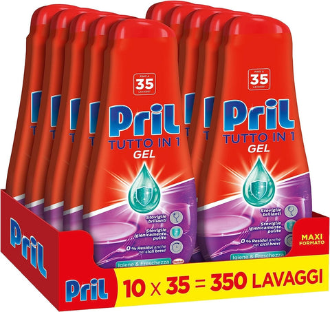 Pril Gel All in One Hygiene, flüssiges Geschirrspülmittel mit Bicarbonat, Multi Action Schmutz, schwierig, 10 Flaschen mit je 35 Waschgängen (350 Waschladungen) italienisch Original