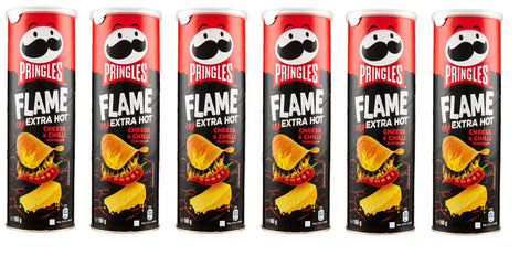 Pringles Chips 6x Pringles Flame Extra Hot Cheese & Chilli Snack Salato al gusto di Formaggio Piccante Salziger Snack mit würzigem Käsegeschmack 160g 5053990160112
