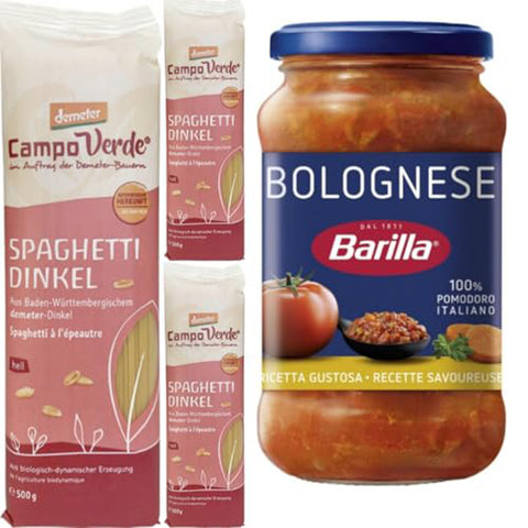 Pufai Mit Grocery, Campo Verde Demeter Spaghetti Dinkel 500 Gramm x 3er Original italienisch inkl. Barilla Nudelsauce Bolognese Soße Pasta-Sauce 400 gramm