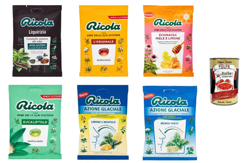 Ricola testpaket, original Schweizer Kräuter-Bonbons mit 13 Schweizer Alpenkräutern, wohltuender Genuss, 6x70 g italienisch Pastasauce + gratis polpa 400 g