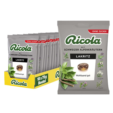 Ricola Pfefferminz- & Mentholbonbons Ricola Lakritz, 18 Beutel original Schweizer Kräuter-Bonbons mit 13 Schweizer Alpenkräutern, zuckerfrei, für wohltuenden Genuss, 18 x 75g 7610700945773