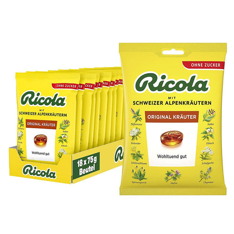 Ricola Original Kräuter Schweizer Kräuter-Bonbons mit 13 Schweizer Alpenkräutern & Menthol zuckerfrei Wohltuend gut vegan 18x75 g 18 Beutel italienisch Original