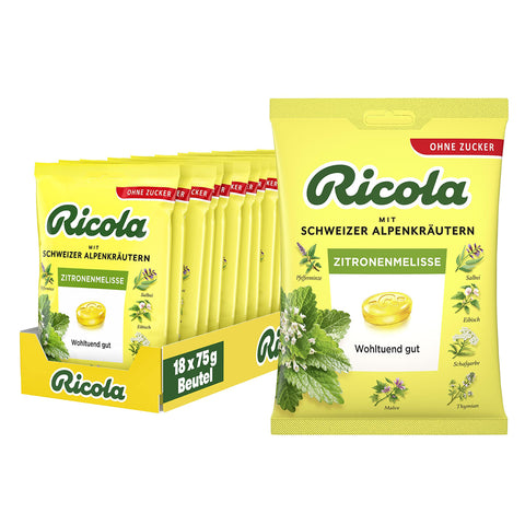 Ricola Zitronenmelisse, 18 Beutel Schweizer Kräuter - Bonbons mit 13 Alpenkräutern & erfrischendem Zitronen - Geschmack, zuckerfrei,, vegan 18 x 75g Original italienisch