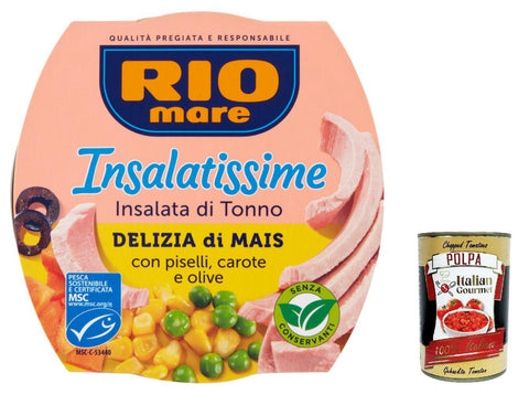 Rio Mare Fertiggerichte 3x Rio Mare Tonno Insalatissime Delizia Mais e Tonno Mais und Thunfisch 160g + Italian Gourmet polpa 400g 8004030022010