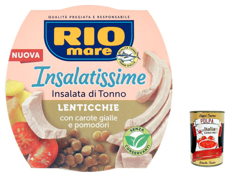 Rio Mare Fertiggerichte 6x Rio Mare Insalatissime Insalata di Tonno Lenticchie Thunfischsalat mit Linsen, gelben Karotten und Tomaten 160g Fertiggericht + Italian gourmet polpa 400g 8004030475021