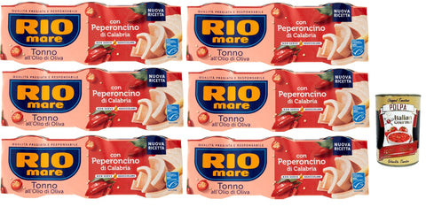 Rio Mare Fisch & Meeresfrüchte Rio mare Tonno all'Olio di Oliva con Peperoncino di Calabria, Thunfisch mit Olivenöl mit Kalabrien -Chili -Pfeffer 18x 65 g + Italian Gourmet polpa 400g 8004030271425