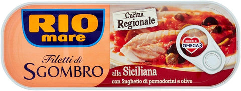 Rio Mare Filetti di Sgombro alla Siciliana Makrelenfilets mit Tomaten-Oliven-Sauce 120g reich an Omega 3 6x Original italienisch