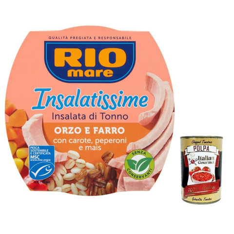 Rio Mare Fleisch, Geflügel & Wild Rio Mare Insalatissime Orzo Farro e Tonno Gerste, Dinkel und Thunfisch 160g mit Karotten, Paprika und Mais Fertiggerichte 3x Original italienisch inkl. Italian Gourmet Polpa 400g 8004030840003