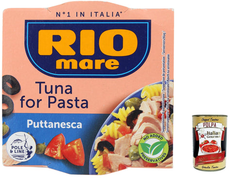 Rio Mare Gemüse 3x Rio Mare Condimento per Pasta Puttanesca con Tonno, Thunfisch in Olivenöl mit Schwarze Oliven und Kapern 160g + Italian Gourmet polpa 400g 8004030017047