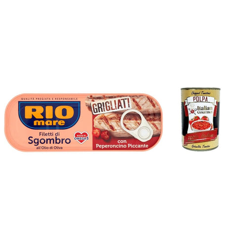 Rio Mare Koch- & Backzutaten Rio Mare filetti di Sgombro con peperoncino piccante, gegrillte Makrelenfilets mit Olivenöl und chilli 120g 12x Original italienisch inkl. Italian Gourmet Polpa 400g 8032804040014
