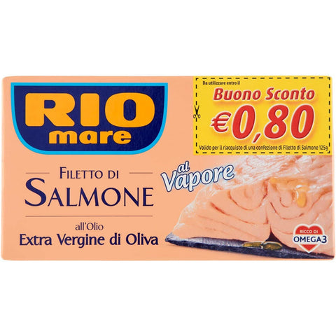 Rio Mare Filetto di Salmone cotto al vapore all'Olio Extra Vergine di Oliva Gedämpftes Lachsfilet mit nativem Olivenöl extra 125g reich an Omega 3 6x Original italienisch