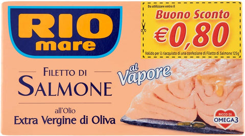 Rio Mare Filetto di Salmone cotto al vapore all'Olio Extra Vergine di Oliva Gedämpftes Lachsfilet mit nativem Olivenöl extra 125g reich an Omega 3 6x Original italienisch