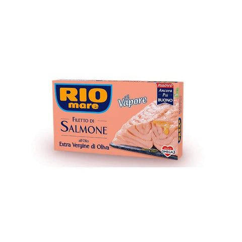 Rio Mare Oliven Rio Mare Filetto di Salmone cotto al vapore all'Olio Extra Vergine di Oliva Gedämpftes Lachsfilet mit nativem Olivenöl extra 125g reich an Omega 3 3x Original italienisch 8004030525047
