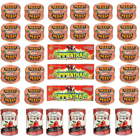 Rio Mare Pastasaucen 24 x 80 g Rio Mare Tonno olio di oliva Tuna in Olive Oil + SIMMENTHAL Rindfleisch in Aspik 3x 70g Fleisch Aspikfleisch + Italian Gourmet 100% italienische geschälte Tomaten dosen 6x 400g 8388766535601