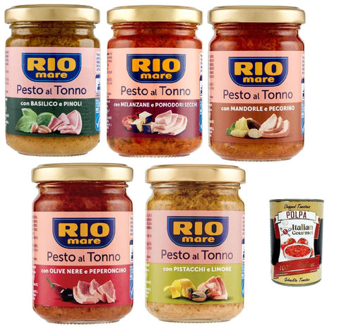 Rio Mare Pasten & Kochsaucen Rio Mare Pesto al Tonno testpaket, Thunfischpesto kochsauce mit Mandeln und Pecorino - mit Pistazien und Zitrone - mit schwarzen Oliven und Chili 5x 130g + Italian Gourmet polpa 400g 8004030506152