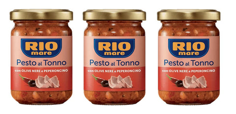 Rio Mare Pesto 3x Rio Mare Pesto al Tonno con Olive Nere e Peperoncino Thunfischpesto mit schwarzen Oliven und Chili 130g 8004030506114
