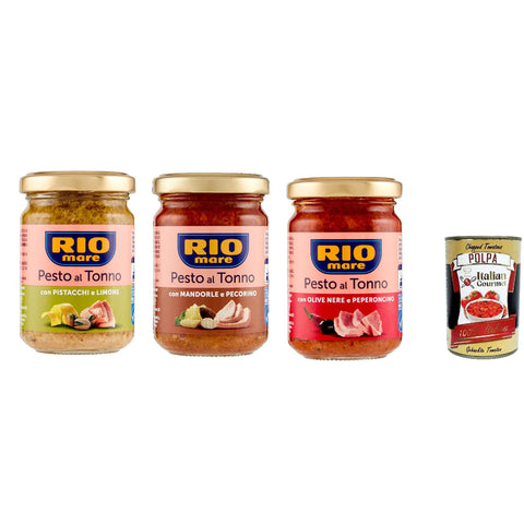 Rio Mare Pesto al Tonno testpaket, Thunfischpesto kochsauce mit Mandeln und Pecorino mit Pistazien und Zitrone mit schwarzen Oliven und Chili 3x 130 g italienisch Original
