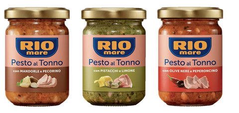 Rio Mare Pesto TESTPAKET Rio Mare Pesto al Tonno Thunfischpesto mit Mandeln und Pecorino - mit Pistazien und Zitrone - mit schwarzen Oliven und Chili ( 3 X 130G ) 8004030506091