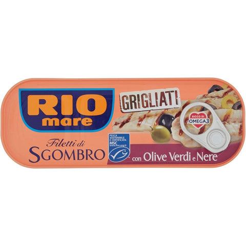 Rio mare Saucen & Marinaden Rio mare Sgombro gegrillte Makrelenfilets mit grünen, schwarzen Oliven 120g 3x Original italienisch 8004030622043