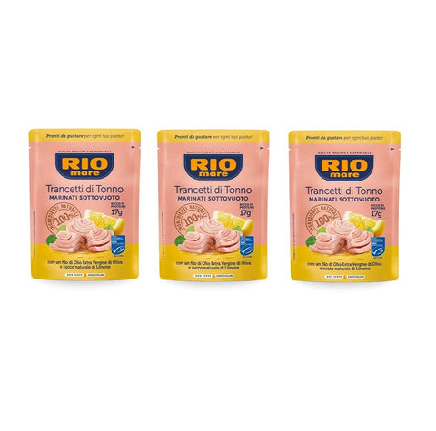 Rio Mare Thunfischfilets 3x Rio Mare Trancetti di Tonno marinati con succo di limone Vakuumverpackte marinierte Thunfischscheiben mit einem Schuss nativem Olivenöl extra und natürlichem Zitronensaft 70 g