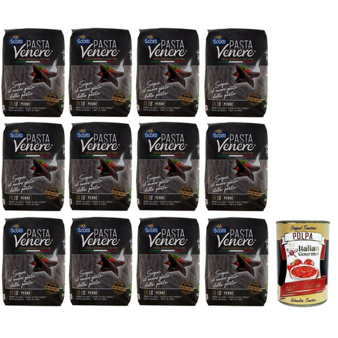 Riso Scotti Nudeln & Pasta Riso Scotti Pasta Venere Penne Rigate,Pasta aus Hartweizengrieß und Schwarzem Venere-Vollkornreismehl,Packung mit 400g 12x Original italienisch inkl. Italian Gourmet Polpa di Pomodoro 400g Dose 8001860184819