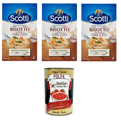 Riso Scotti Reisgerichte Riso Scotti Risotti Selection Risotto Lavorato a Grezzo Risotti Selection Reis Roh verarbeitetes Risotto 3x1 kg Original italienisch inkl. Italian Gourmet Polpa 400g 8032804040014