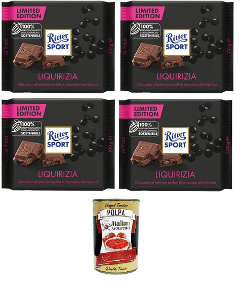 Ritter Spot Liquirizia Limitierte Ausgabe Milchschokolade mit Lakritzstückchen 100% nachhaltiger Kakao 4 Packungen 100 g italienisch Original Pastasauce +
