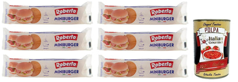 Roberto Brot & Backwaren 6x Roberto Miniburger Brot,Packung mit 200g, Jede Packung enthält 8 Miniburger + Italian Gourmet Polpa di Pomodoro 400g Dose 8003490044570