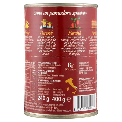 Rosso Gargano Gemüse Rosso Gargano pomodori Datterini Pelati di Puglia, 100 % italienische Datterini-Tomaten, geschält in der Dose, ideal für Pizza, Pasta, Saucen und die mediterrane Küche, 24 x 400 g 8033837720423