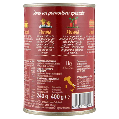 Rosso Gargano Gemüse Rosso Gargano pomodori Datterini Pelati di Puglia, 100 % italienische Datterini-Tomaten, geschält in der Dose, ideal für Pizza, Pasta, Saucen und die mediterrane Küche, 48 x 400 g 8033837720423